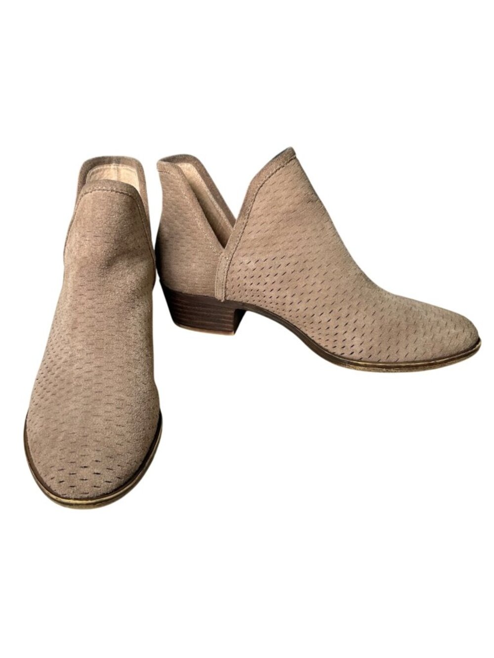 Lucky Brand Taupe Beige Suede Cutout Ankle Booties Sz 8 M Low Block Heel Casual